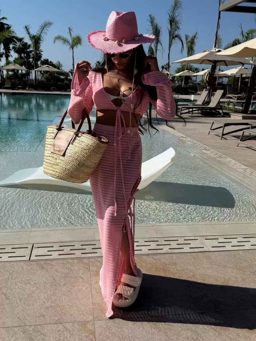 Zara Summer Vacation Casual Knit Hollow Out Skirt and Pink Long Sleeve Top Set